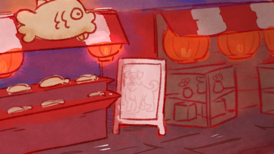 background from the cat's meow. a festival at dusk with bright lanterns, a stall filled with beige looking fish and a dimly lit stall filled with knickknacks. in between the two stalls is a white posterboard with a vague image of a ferocious dog on it.